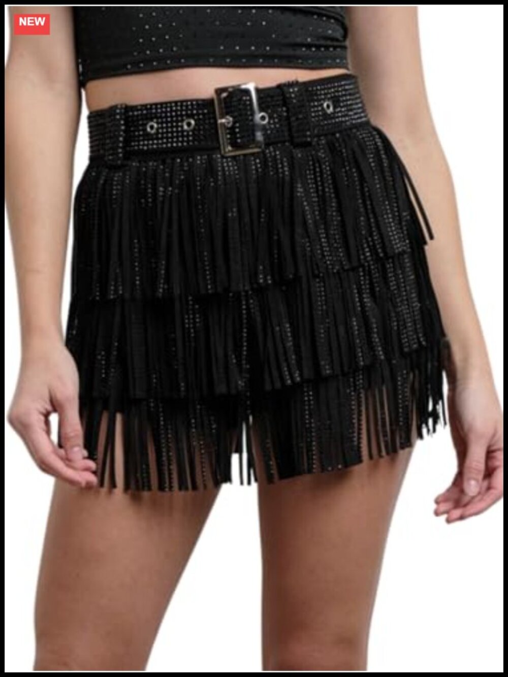Women's Fringe Skort with Shorts Rhinestone Sequin Tiered High Rise Mini Pull